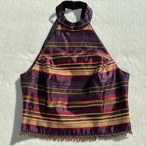 Vintage Ribkoff Beaded Burgundy Black & Gold Striped‎ Sleeveless Halter Crop Top